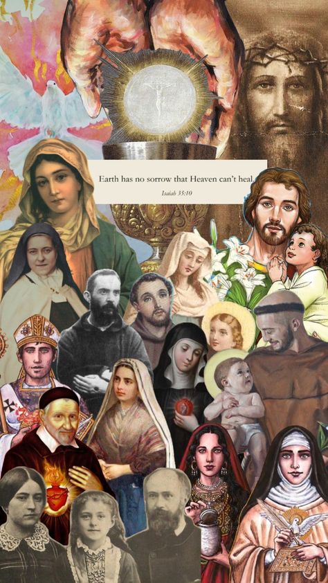 Communion of Saints #youreinvited #jesuslovesyou #art #catholic #christian Saint Art Catholic, Catholic Fall Wallpaper, Saints Background, Catholic Laptop Wallpaper, Catholic Art Aesthetic, Catholic Wallpaper Aesthetic, Catholic Collage, Saint Aesthetic, Saints Aesthetic