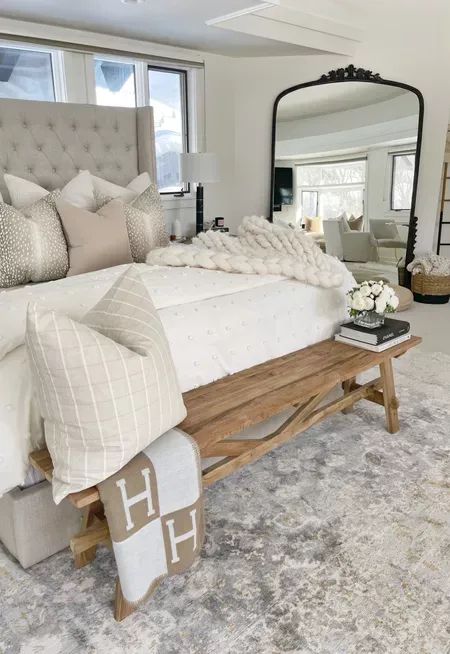 Master Bed With Bench, End Of Bed Decor Ideas, What To Put At The End Of A Bed, Bedroom Bench Decor Ideas, Bench For End Of Bed Master Bedrooms, Blanket At End Of Bed, Bench At End Of Bed Bedroom Ideas, Bench In Front Of Bed Ideas, End Of Bed Bench Decor