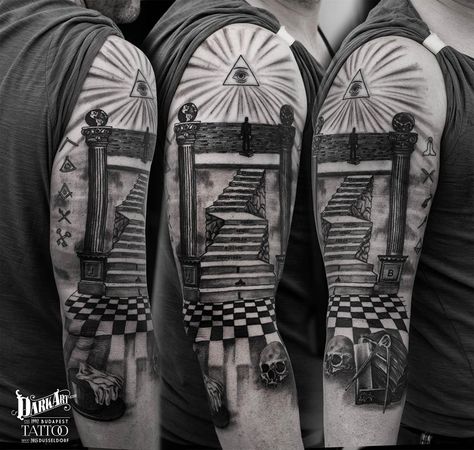 Staircase tattoo by Adam K! Limited availability at Revival Tattoo Studio. Columns Tattoo, Freemasonry Tattoo, Masonic Tattoos Freemasonry, Staircase Tattoo, Freemason Tattoo, Modern Italian Farmhouse, Templar Knight Tattoo, Masonic Tattoos, Revival Tattoo