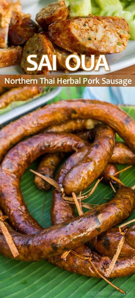 It's really pronounced “sigh oo-ah.” These long, circular coils of pork sausage can be easily spotted in Thai markets at being sold from food vendors. The prominent flavors of this Northern Thai sausage is lemongrass, kaffir lime leaf, and galangal. Definitely try it!  |  Tieland to Thailand