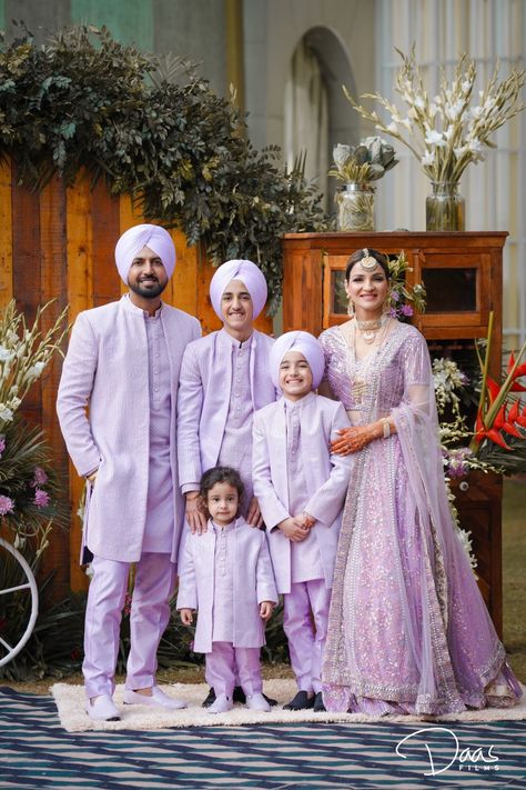 Punjabi Wedding Family Outfits, Family Dress Code For Wedding Indian, Family Twinning Outfits Indian, Family Matching Outfits Indian Wedding, Family Matching Outfits Indian, Grooms Sister, Combination Outfit, Father Son Outfits, Wedding Matching Outfits