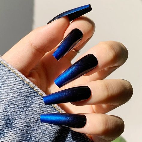 Mauve And Blue Nails, Coffin Dark Nails, Black And Blue Ombre Nails, Dark Green Ombre Nails, Fall Colored Nails, Denim Nails, Nails Color Black, Black And Blue Nails, Black Ombre Nails