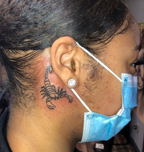 Scorpion Behind The Ear Tattoo, Scorpion Face Tattoo, Scorpio Face Tattoo, Scorpio Ear Tattoo, Scorpio Behind Ear Tattoo, Scorpion Neck Tattoo, Scorpio Tattoo Ideas, Tattoo Behind Ear, Girl Neck Tattoos