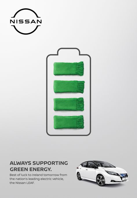 Ad Creative Ideas, Print Ads Design, Irish Rugby Team, Ev Battery, Six Nations Rugby, Irish Rugby, Green Marketing, Car Advertising Design, Battery Icon