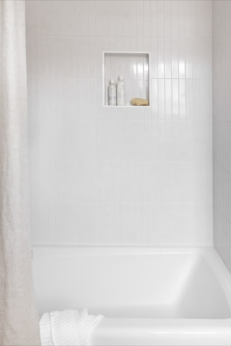 Vertical Subway Tile Bathtub, White Vertical Subway Tile Bathroom, Vertical Wall Tile, Vertical Stacked Subway Tile Bathroom, Stacked Subway Tile Bathroom, Vertical Subway Tile Bathroom, Vertical Shower Tile, Large White Tiles, White Tile Bathroom