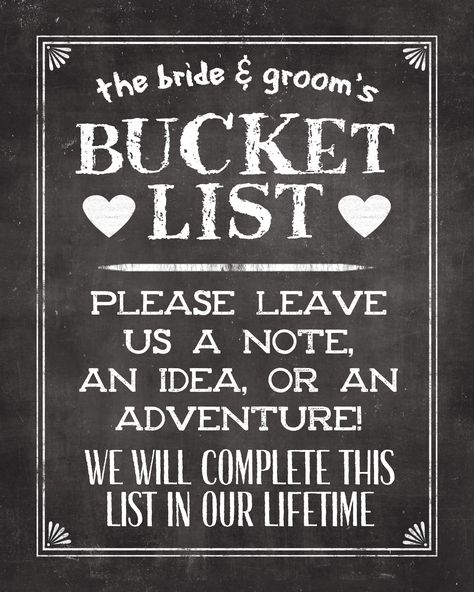 Bucket List for the Bride and Groom Bucket List Ideas For Bride And Groom, Cute Wedding Ideas, Wedding Book, Wedding Guest, Wedding Guest Book, Guest Book, Bride Groom, Bucket List, Chalkboard Quote Art