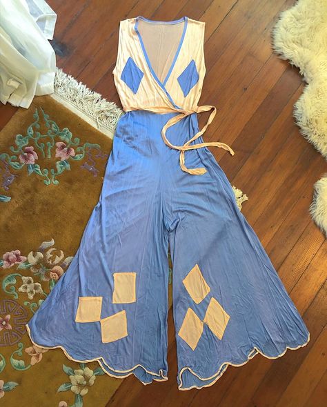 1930s Beach Pajamas, One Piece Oc Outfit Ideas, Clown Pajamas, Blue Costume Ideas, Pajama Jumpsuit, Modern Clothes, Periwinkle Blue, Holy Grail, Peachy Pink