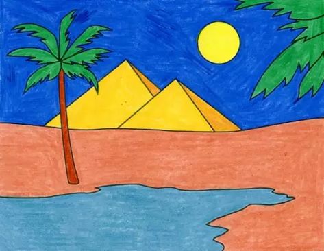 Egyptian Drawings, Art Projects For Kids, The Pyramids, Easy Art Projects, Art Lessons For Kids, Oil Pastel Drawings, Egypt Art, Drawing Projects, Christmas Drawing