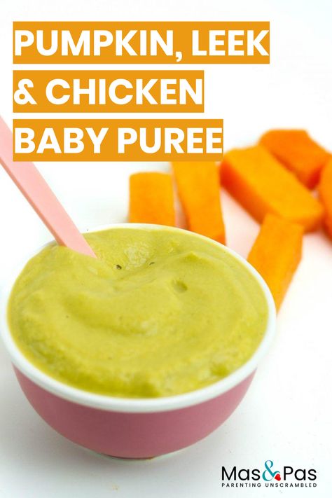 For a tasty little baby puree that’s both nutritious and delicious, try our pumpkin, leek and chicken baby puree. With pumpkin as a base, this dish has a mild, slightly sweet taste that makes it a favourite with many a little puree eater. Here we’ve used cooked chicken, leeks and spinach. Blend it all together and you’ll have baby’s new favourite meal! #babyfood #puree #pumpkin #leek #chicken #recipe Chicken Puree For Baby, Baby Food Chicken, Leek Chicken, Food Chicken Recipes, Puree Pumpkin, Chicken Baby Food, Easy Homemade Baby Food, Healthy Baby Food, Baby First Foods