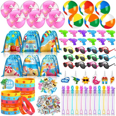 PRICES MAY VARY. Water Party Favors for Boys Girls: our summer pool party favors set includes 12 beach balls with 6 colorful styles and 6 pink glitters styles, 12 drawstring backpacks, 12 sunglasses(6 colors), 12 water guns(4 colors), 12 colorful bubbles, 12 keychains, 12 silicone wristbands, and 50 stickers with different styles; This large assortment of fun items is bound to satisfy every guest at your party Stylish Pool Decorations for Party: complement your pool party theme with our stylish Pool Party Decorations For Kids, Pool Party Ideas For Kids, Pool Decorations, Pool Party Supplies, Birthday Pool Party, Pool Party Themes, Summer Favors, Pool Party Favors, Beach Pool Party