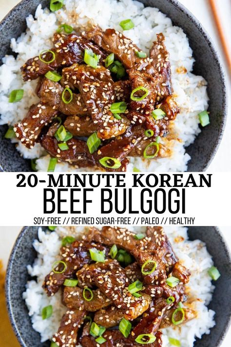 Easy Korean Beef Bulgogi is sweet, savory sticky beef with an amazing crisp on the outside and a perfectly tender inside. This magically flavorful dish is so easy to throw together at a moment’s notice to change up weeknight meals. #korean #healthy #paleo #beef #dinner Sticky Beef, Fusion Cooking, Beef Bulgogi Recipe, Korean Beef Bulgogi, Korean Beef Recipes, Bulgogi Sauce, Korean Bbq Beef, Korean Beef Bowl, Bulgogi Recipe