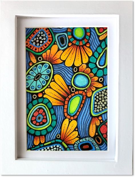 "ZIA (Zentangle-Inspired Art) Item #0083. Original art created in 2022 on a 6\" x 8\" watercolor white paper tile. Materials include pen and ink, colored pencil, and watercolors. Brilliant colors fill the whimsical shapes, and a Wink of Stella clear glaze mica brush pen adds a random subtle shimmer throughout, not captured in the photo. Frame size: 6\" x 8\" (15.3 x 20.3 cm) white wood frame. Back of frame has a kickstand and a metal hanging clip. $50 I am a CZT - Certified Zentangle Teacher. Ze Zentangle Art Colorful, Colored Zentangle, Zentangle Pens, Zantangle Art, Pen And Ink Art, Ink Pen Art, Brush Pen Art, Arte Peculiar, Zen Doodle Art