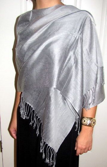 Silver wrap! Silver Scarf Outfit, Evening Shawls And Wraps, Silver Scarf, Round Wardrobe, Silk Evening Dress, Evening Shawls, Chiffon Shawl, Chiffon Wrap, Black Tie Affair