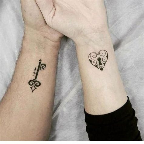 Cute Couple tattoo #tattoos #inkedlife #tattoolife #tattoo #skin #arm #neck #font #heart #leg #inked #tattooartist #tattoowork #skincareroutine #coupletattoos #coupletattoo #tattoodo #temporarytattoo #wrist #inkjunkeyz #tattoooftheday #aestheticallypleasing #typedesign #letteringart #letterfolk #heartfeltmoment #inkstagram #tattoos #skin #tattoo #arm #inked #tats #skincareroutine #skinart #tattoolife #positive #lettering #interesting #nailsaddict #coupletattoos #coupletattoo #inkedlife #tatts Best Couple Tattoos, Unique Small Tattoo, Cute Couple Tattoos, Key Tattoos, Matching Sister Tattoos, Couple Tattoos Unique, Feather Tattoo Design, Matching Couple Tattoos, Lace Tattoo