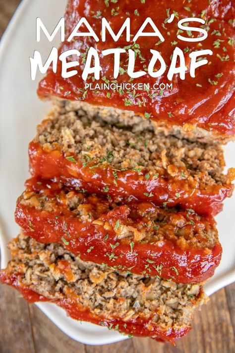 Mama's Meatloaf - the BEST meatloaf recipe! Even meatloaf haters will LOVE Mama's Meatloaf! SO easy and tastes great! Ground beef, egg, oats, onion, salt, pepper, sage, Worcestershire sauce, and milk. Top with a mixture of ketchup, brown sugar, dry mustard, and lemon juice. Use gluten-free oats and Worcestershire sauce if desired. Serve with mashed potatoes and green beans and it is comfort food at its best! Small Meatloaf, Meatloaf With Oats, Egg Oats, Easy Bread Crumbs, Quick Meatloaf Recipes, Meatloaf Oatmeal Recipe, Meatloaf With Oatmeal, Mashed Potatoes And Green Beans, The Best Meatloaf Recipe