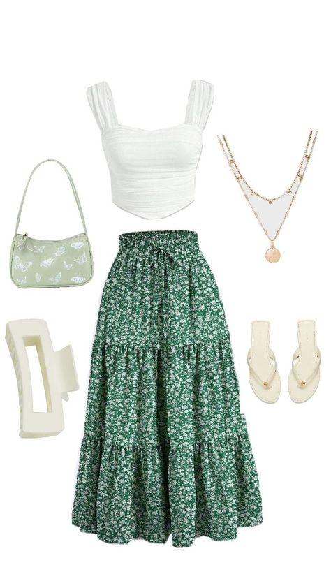 Outfit Ideas Green, Collage Outfit, Collage Outfits, Skirt Outfit Ideas, Skirt Outfit, Skirt Outfits, Floral Skirt, Outfit Ideas, Cute Outfits