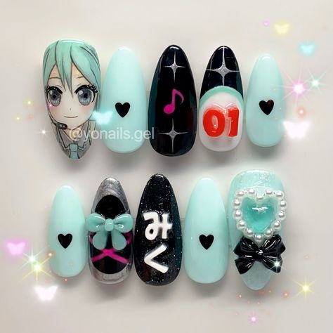 Miku Nail Art, Hatsune Miku Nails Ideas, Sonic The Hedgehog Nails, Hatsune Miku Nails, Hatsune Miku Makeup, Miku Nails, Cutecore Nails, Cute Nails Gel, Nails Kawaii