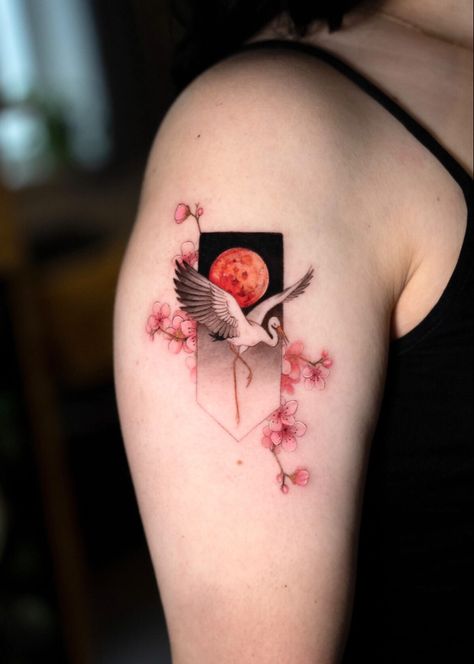 Tattoo, Japanese, stork, moon Red Crane Art, Stork Tattoo Japanese, Color Outside The Lines Tattoo, Korean Crane Tattoo, Chinese Crane Tattoo, Japanese Tattoo Art Women, Japanese Moon Tattoo, Chinese Art Tattoo, Crane Tattoo Design