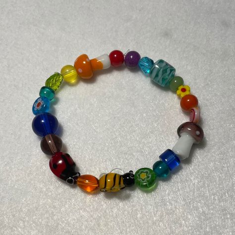 Braslet Ideas With Beads, Novelty Beaded Bracelets With Colorful Beads, Weird Core Bracelets, Funky Bracelets, Handmade Colorful Novelty Beaded Bracelets, Kidcore Kandi Bracelets, Clowncore Kandi Bracelets, Funky Bracelet, Diy Kandi Bracelets