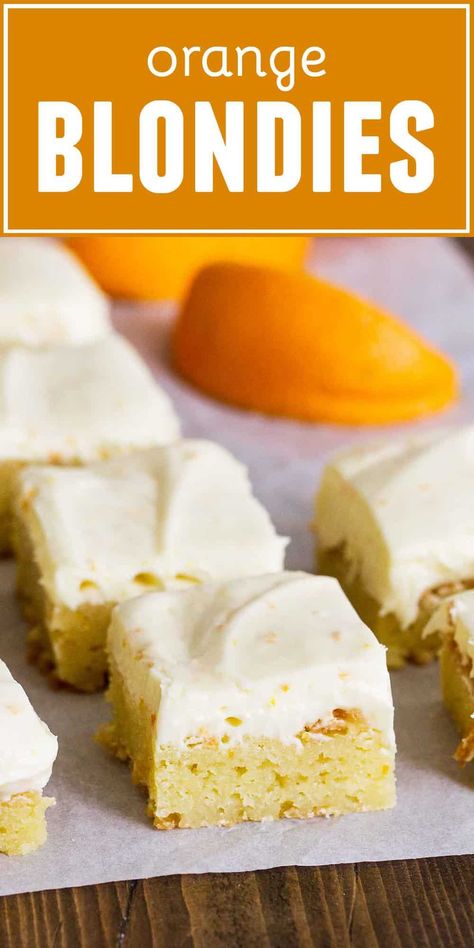 If you love orange, you’ll love this twist on the traditional blondies recipe! Orange flavors go throughout both the blondie and the creamy orange cream cheese frosting. These are divine straight from the refrigerator! Orange Blondies, Blondies Dessert, Dessert Orange, Orange Cream Cheese Frosting, Orange Dessert, Citrus Desserts, Orange Cream Cheese, Blondies Recipe, Fall Dessert Recipes