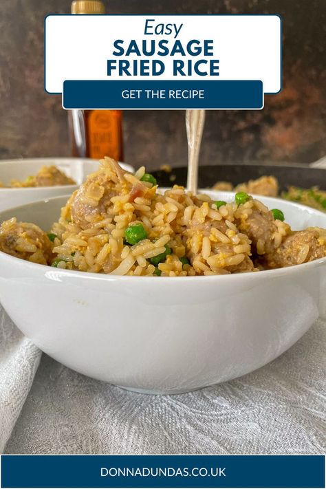 bowl of fried rice with sausage Sausage Fried Rice, Fried Rice Egg, Halloumi Pasta, School Night Dinners, Pork Fried Rice Recipe, Egg And Sausage, Cheap Family Dinners, Rice Egg, Beef Fried Rice