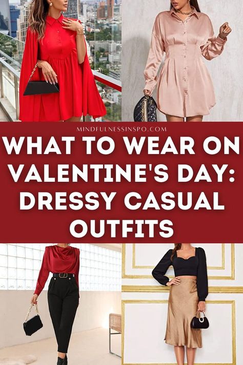 what to wear on valentines day dressy casual outfits featuring classy red dress with wing sleeves, pink satin mini long sleeve dress, red satin blouse and black dressy pants outfit, black dressy long sleeve top and gold satin midi skirt outfit. Dinner Outfit Ideas Dressy, Valentines Dinner Outfit, Valentines Day Outfits For Women, Dinner Outfits For Women, Valentines Day Outfit Ideas, Dinner Outfit Classy, Valentine Outfits For Women, Outfits For Dinner, Valentines Day Outfits