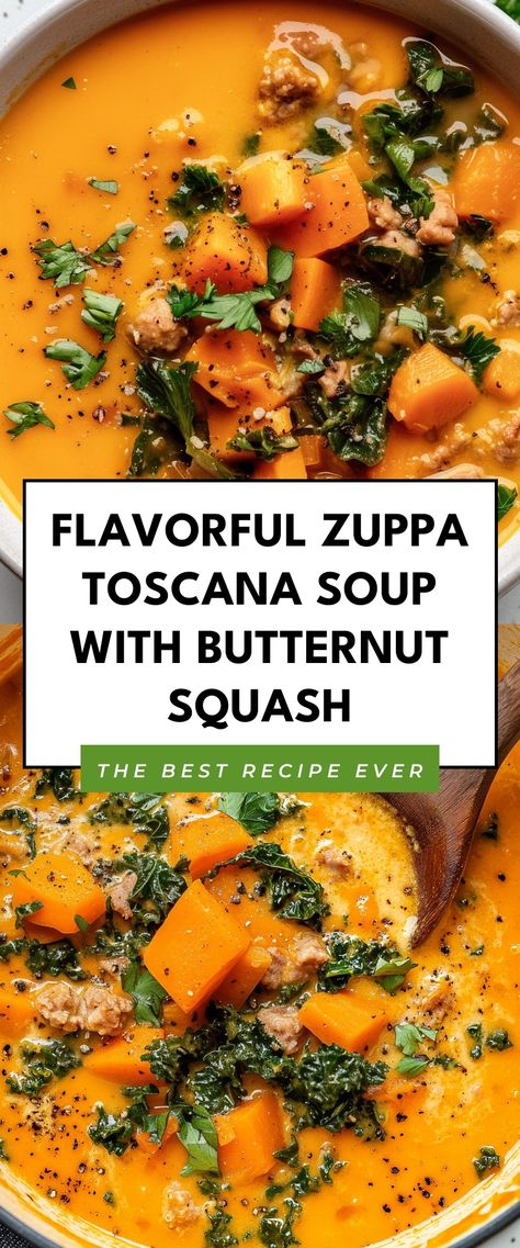 Image for Flavorful Zuppa Toscana Soup with Butternut Squash Ground Beef Butternut Squash Soup, Italian Butternut Squash Soup, Butternut Squash And Sausage Soup, Soup With Butternut Squash, Chicken Squash, Butternut Squash Kale, Soup Lovers, Stews Recipes, Zuppa Toscana Soup