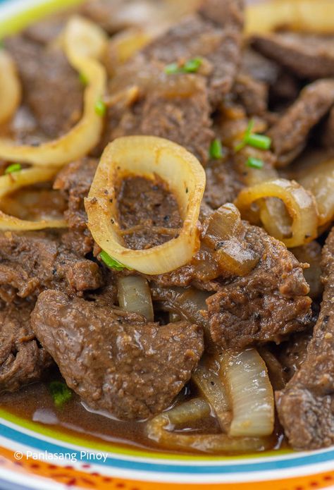 Bistek Tagalog Beef Steak Recipe Beef Steak Filipino, Filipino Beef Steak Recipes, Beef Steak Recipe, Filipino Beef Stew, Bistek Recipe, Bistek Tagalog, Pork Chop Recipes Grilled, Beef Marinade, Beef Steak Recipes