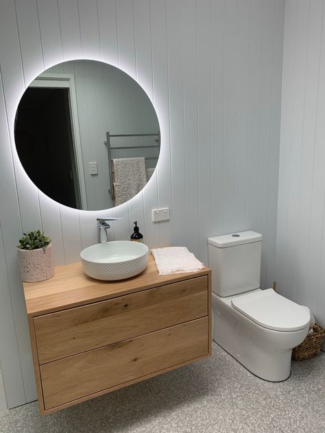 Coastal bathroom reno with VJ panelling Beach Shack Bathroom, Vj Panelling Bathroom, Panelling Bathroom, Vj Panelling, Spotted Gum Decking, Timber Feature Wall, Build A Frame, Roof Beam, Oak Trim