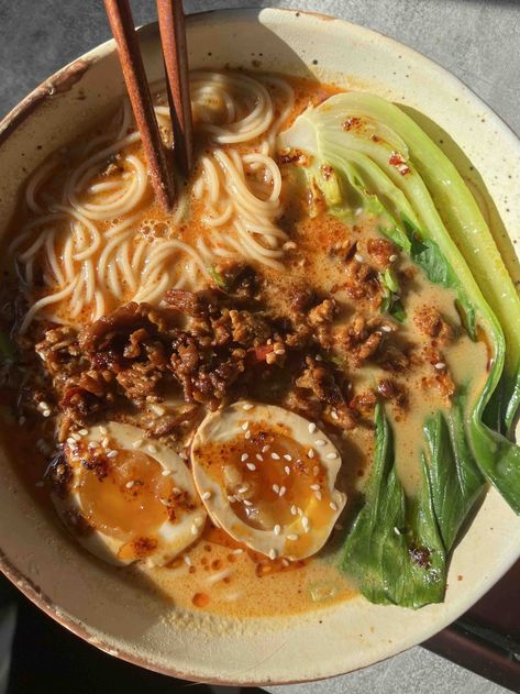 Easy Tantanmen Ramen Recipe | Verna Gao Wagamama Ramen Recipe, Easy Tantanmen Ramen, Spicy Sausage Ramen, Easy Shoyu Ramen, Jinya Ramen Recipe, Tantan Ramen Recipe, Ramen Soup Base Recipes, Ichiran Ramen Recipe, Nongshim Ramen Recipes