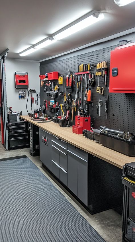 Transform your garage into a Virgo's dream workshop! ✨ With a neatly organized pegboard for your tools, a sturdy workbench for projects, and task lighting to illuminate every detail, you'll enjoy efficient storage systems that make any DIY task a breeze. 🔧🔨 Get inspired to create your perfect space! 🛠️ Workshop Room Ideas, Organized Tools, Garage Layout, Workbench With Storage, Garage Goals, Dream Workshop, Clean Garage, Workshop Tools, Tools Storage