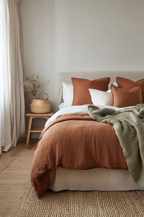 Bedroom Aesthetic Sage Green, Plaster Bedroom, Burnt Orange Bedroom, Terracotta Bedroom, Aesthetic Sage Green, Sage Bedroom, Cozy Bedroom Aesthetic, Natural Bedroom Decor, Bedroom Tips