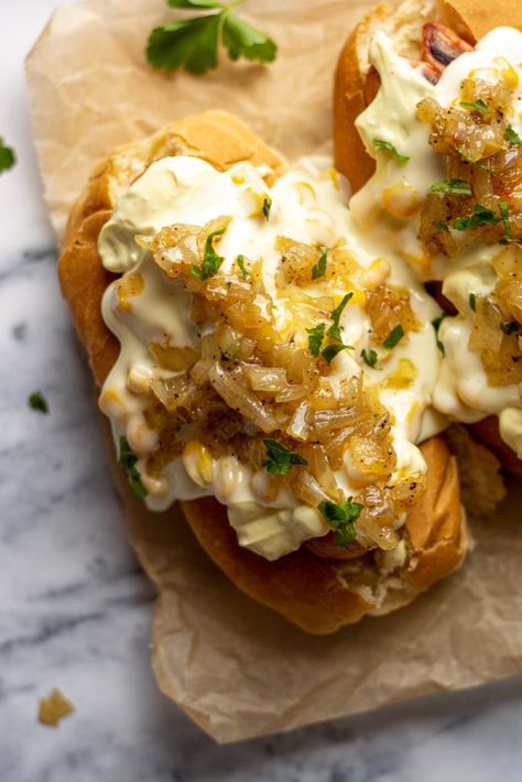 Cheese Hot Dogs with Caramelized Onions Recipe Loaded Hot Dogs Toppings, Easy Dinner Recipes With Hot Dogs, Sides For Hot Dogs And Hamburgers, Gourmet Hotdogs Recipes, Hot Dog Side Dishes, Hot Dogs For A Crowd, Gourmet Hot Dog Recipes, Loaded Hot Dogs, Gourmet Hotdogs