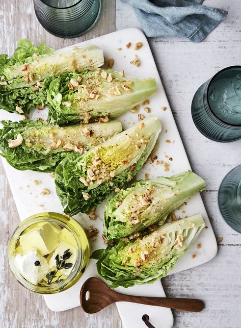 Wedges of iceberg lettuce are also delicious to replace the cos. A marinated, soft feta is a gorgeous accompaniment and complements the crispy leaves perfectly but is an optional extra. Lettuce Recipe, Lettuce Recipes, Low Gi Foods, Super Salads, Snacks Dishes, Iceberg Lettuce, Lettuce Salad, Artisan Food, Toasted Walnuts