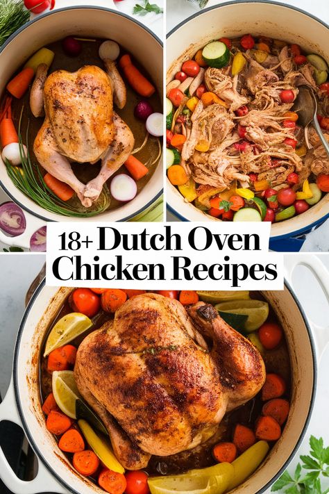 Cook up deliciousness with these amazing Dutch oven chicken recipes! Perfect for dinner tonight these flavorful meals are easy to make and sure to impress. From tender roasted chicken to savory one-pot meals these recipes include spices veggies creamy sauces and hearty sides. Enjoy a cozy family feast with minimal cleanup! Dutch Oven Chicken And Vegetables, Dutch Oven Chicken Quarters, 5 Quart Dutch Oven Recipes, Low Carb Dutch Oven Recipes, Dutch Oven Baked Chicken, Dutch Oven Chicken Thigh Recipes, Recipes For Dutch Oven Meals, Dutch Oven Whole Chicken Recipes, Whole Chicken In Dutch Oven