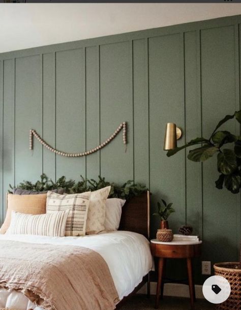 Dark Green Wall Behind Bed, Olive Guest Bedroom, Bedroom Ideas Green Accent Wall, White Walls With Green Accent Wall, Matte Green Accent Wall, Dark Olive Bedroom Walls, Olive Green Bedroom Furniture, Olive Green Shiplap Wall, Green Wall Master Bed