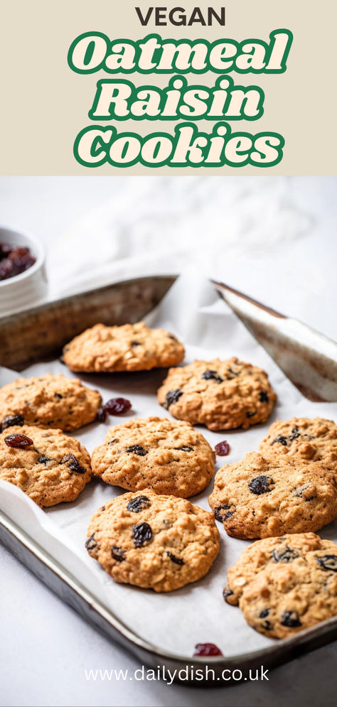 Vegan Oatmeal Raisin Cookies Vegan Oatmeal Cookies Recipes, Paleo Oatmeal Raisin Cookies, Dairy Free Cookie Recipes, Vegan Oat Cookies, Dairy Free Cookie, Vegan Oatmeal Raisin Cookies, Dairy Free Cookie Recipe, Vegan Baked Oatmeal, Raisin Cookie Recipe