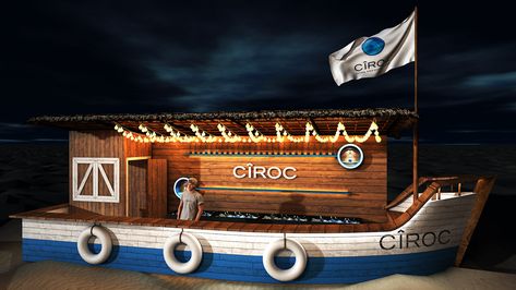 BAR CIROC on Behance Beach Bars Design, Beer Garden Ideas, Boat Bar, Outdoor Restaurant Design, Container Bar, Food Cart Design, Cabin Exterior, Kiosk Design, Showroom Interior Design