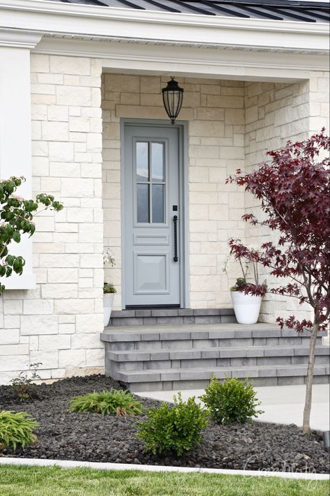 2020 Home Decor and Paint Color Trends Boothbay Gray Benjamin Moore Front Door, Booth Bay Gray Benjamin Moore, Benjamin Moore Boothbay Gray, Utah Parade Of Homes, Boothbay Gray, Limestone House, Paint Color Trends, Stone Exterior Houses, Exterior Houses