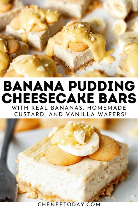 Banana pudding cheesecake bars recipe with vanilla wafer cookies but with no instant pudding! These banana pudding cheesecake squares with drizzle and cream cheeses filling are one of the best dessert recipes! #bananapudding #cheesecakebars #bananacheesecake #bananapuddingcheesecake #bananabars #bananadessert Banana Cheesecake Bars, Banana Pudding Cheesecake Squares, Banana Pudding Cheesecake Bars, Pudding Bar, Chess Squares, Banana Pudding Desserts, Easy Banana Pudding, No Bake Banana Pudding, Pudding Cheesecake