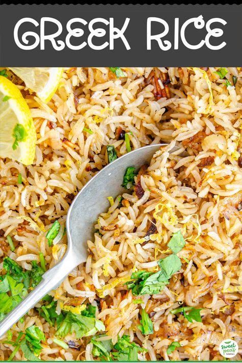 Easy Greek Rice Recipe, Greek Brown Rice Recipe, How To Make Greek Rice, Greek Rice Bowl, Rice Side Dishes For Pork, Oven Baked Greek Rice, Greek Rice Recipe, Greek Rice In Rice Cooker, Greek Style Rice