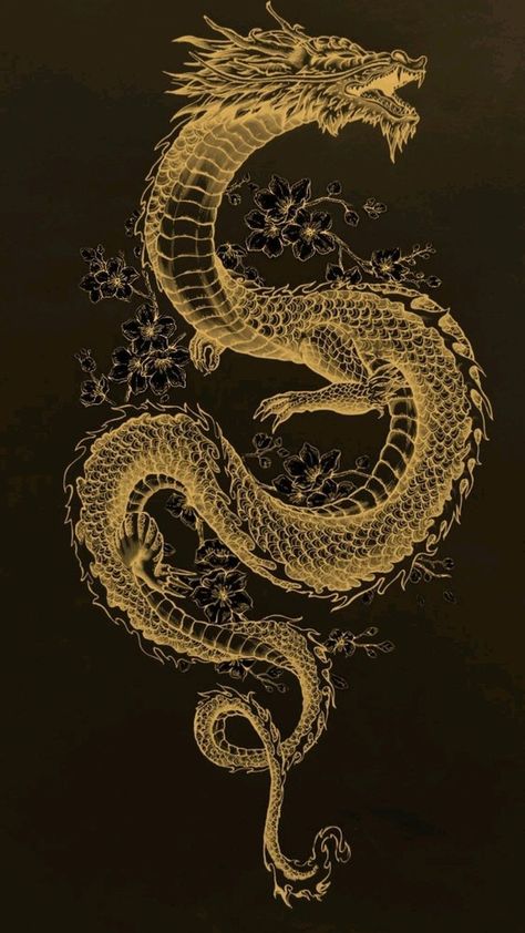 Golden Dragon Aesthetic, Gold Dragon Tattoo, Long Dragon Tattoo, Gold Dragon Art, Gold Chinese Dragon, Chinese Dragon Drawing, Dragon Tattoo Art, Golden Dragon, Vintage Dragon