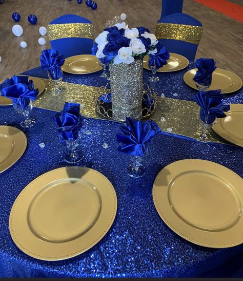 Royal Blue Gold And Silver Party Decor, Royal Blue And White Table Setting, Royal Blue White And Gold Party, Royal Blue And Gold Table Decorations, Royal Blue And Gold Centerpieces Quince, Blue And Gold Table Centerpieces, Royal Blue And Gold Table Setting, Royal Blue And Gold Centerpieces, Royal Blue And Gold Party Decorations