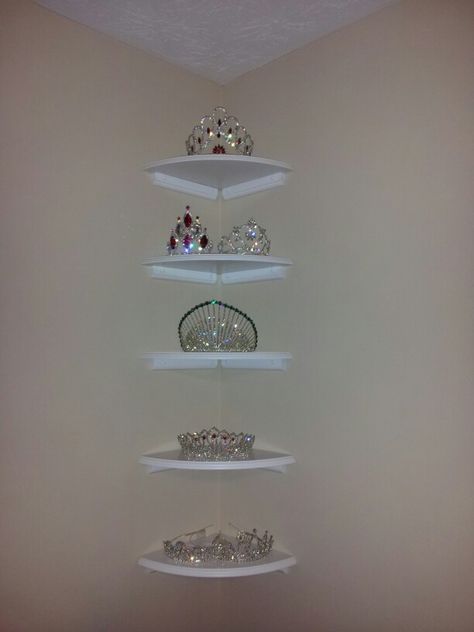 Corner shelving for Tiaras Tiara Storage Ideas, How To Display Pageant Crowns And Sashes, Pageant Award Display, Pageant Crown And Sash Display, Tiara Display Ideas, Crown And Sash Display, Pageant Crown Display, Tiara Storage, Crown Display Ideas