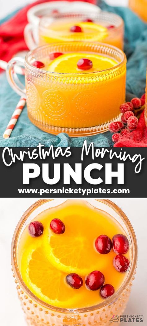 Presents from Santa aren't the only reason to get excited about Christmas morning! This family-friendly and festive Christmas morning punch recipe is a combination of pineapple juice, orange juice, cranberry cocktail, and ginger ale, garnished with cranberries and fresh orange slices, and the perfect way to get the holiday festivities off to a refreshing start! Breakfast Punch Recipe, Breakfast Punch, Presents From Santa, Christmas Morning Punch, Persnickety Plates, Brunch Punch, Easy Margarita Recipe, Best Margarita Recipe, Orange Punch