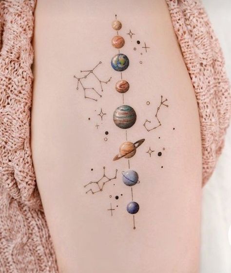 Planets Aligned Tattoo, Planet Tattoos For Women, Solar System Spine Tattoo, Planets Tattoo Design, Planets Tattoo, Dragon Tattoo Ideas, Solar System Tattoo, Planets Aligned, Moon Tattoos