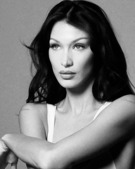 Bella Hadid, A Woman, Black And White, Tattoos, White, Black