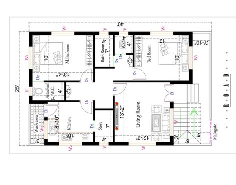 968 Sq Ft Floor Plan, 25x40 House Plans 2bhk, 1000 Sq Ft House Plans, 1000 Sq Ft House, 1 Bedroom House Plans, Bedroom Indian, South Facing House, North Facing House, House Plan With Loft