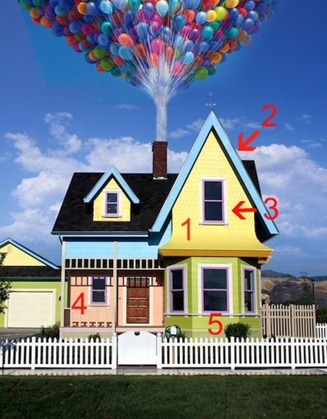 Below I listed the paint colors – all from Kwal.  1. Centered CL1793M 2. Ice Wine CL2352W 3. Taffeta CL 2463W 4. Nolan CL 1532W 5. Sedum CL1973D Up House Drawing, Up Movie House, Disney Blog, Disney Pixar Up, Disney Up, Parade Float, Up House, Parade Of Homes, To Infinity And Beyond