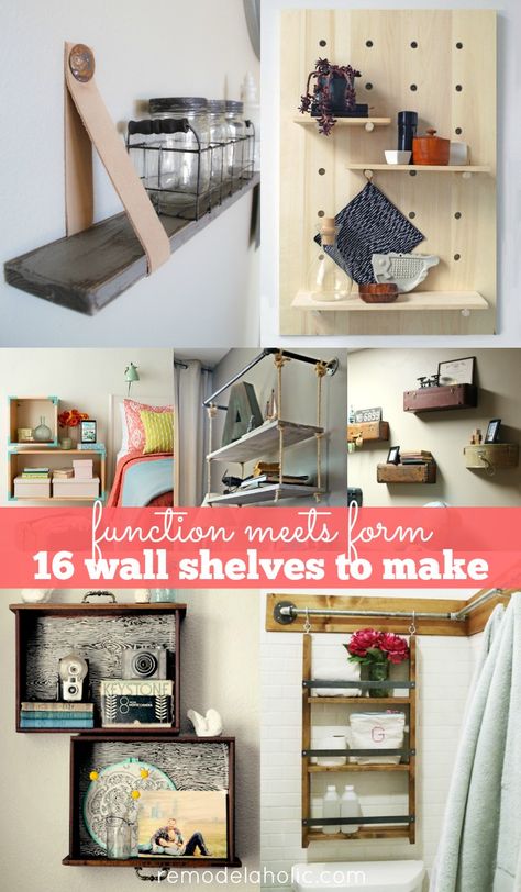 16 DIY Wall Shelves -- beautiful and functional wall decor! Unique Diy Shelving Ideas, Unique Wall Shelves Diy, Cheap Small Room Ideas, Creative Shelves Ideas, Diy Wall Mounted Shelves, Diy Wall Shelf Ideas, Easy Diy Floating Shelves, Diy Wall Shelf Easy, Diy Wall Shelves Easy Cheap